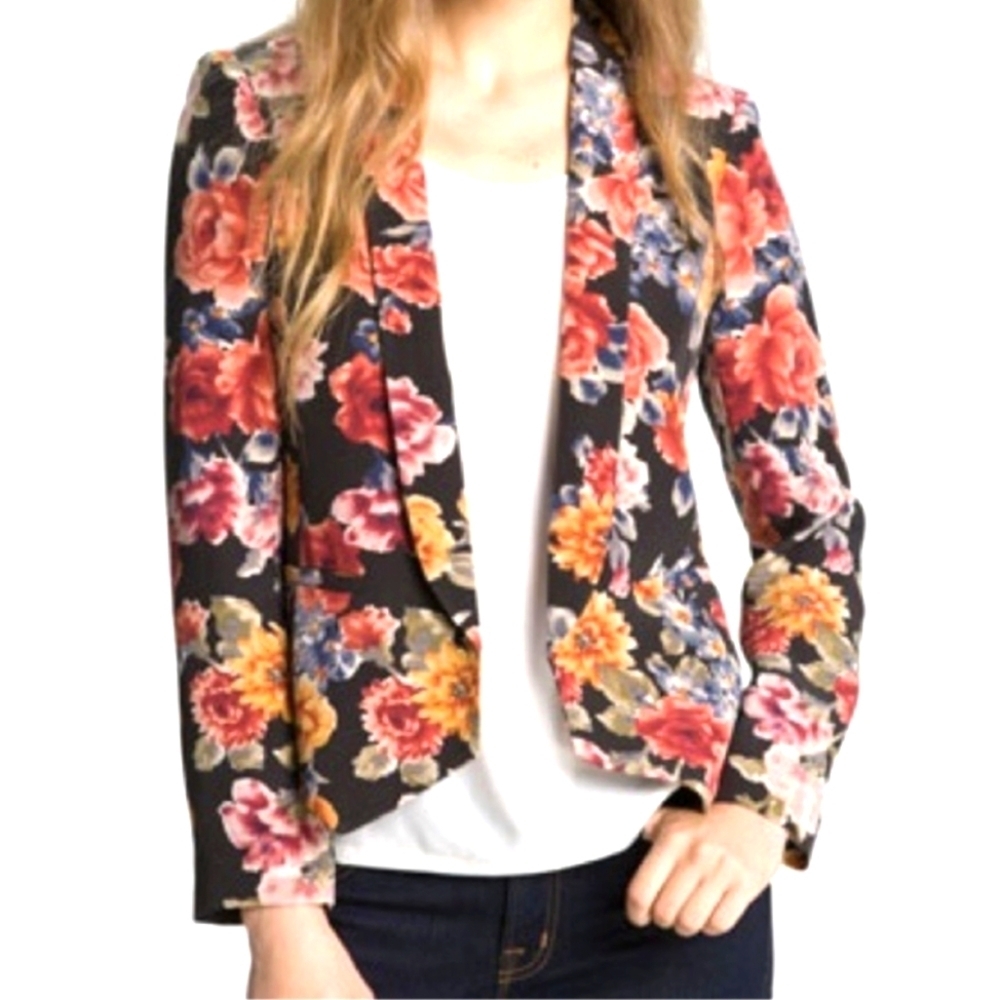 Truth & Pride Black Bold Floral Print 100% Silk lined Blazer Size XS